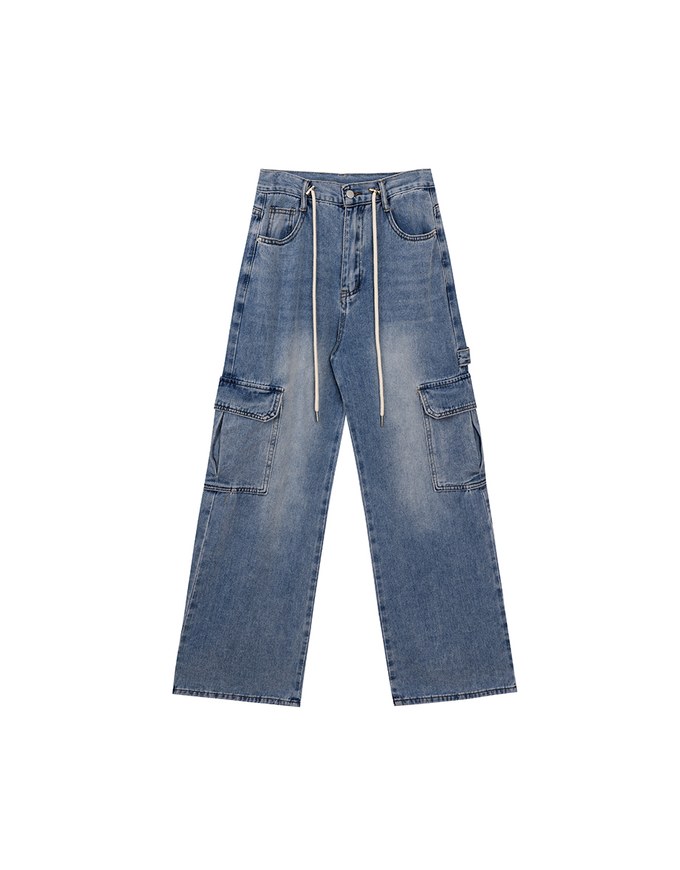 High Waist Washed Cargo Wide Leg Jeans Denim Pants with Drawstring Detail