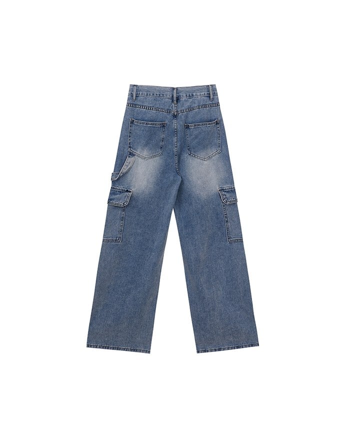High Waist Washed Cargo Wide Leg Jeans Denim Pants with Drawstring Detail