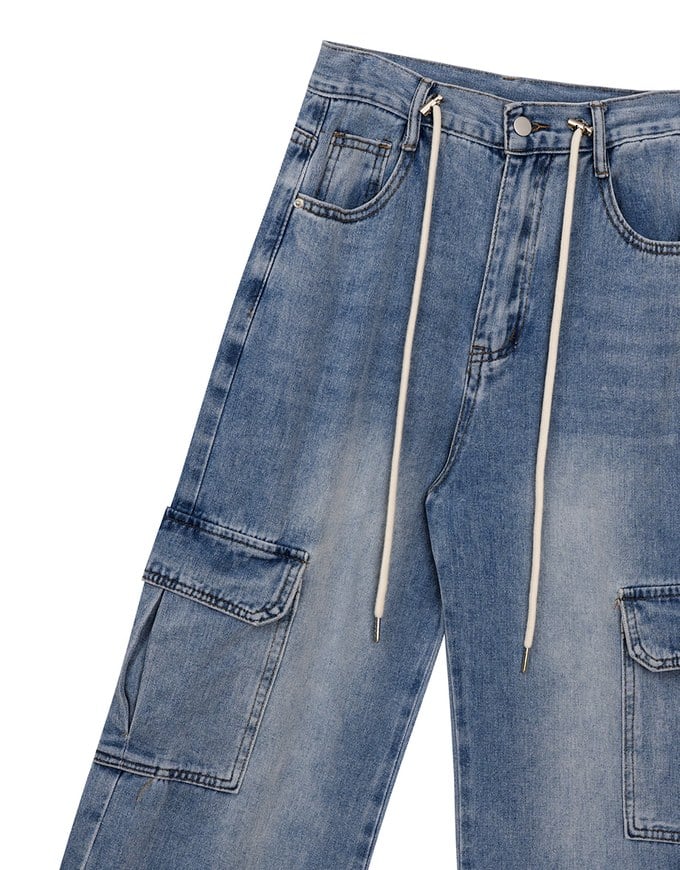 High Waist Washed Cargo Wide Leg Jeans Denim Pants with Drawstring Detail