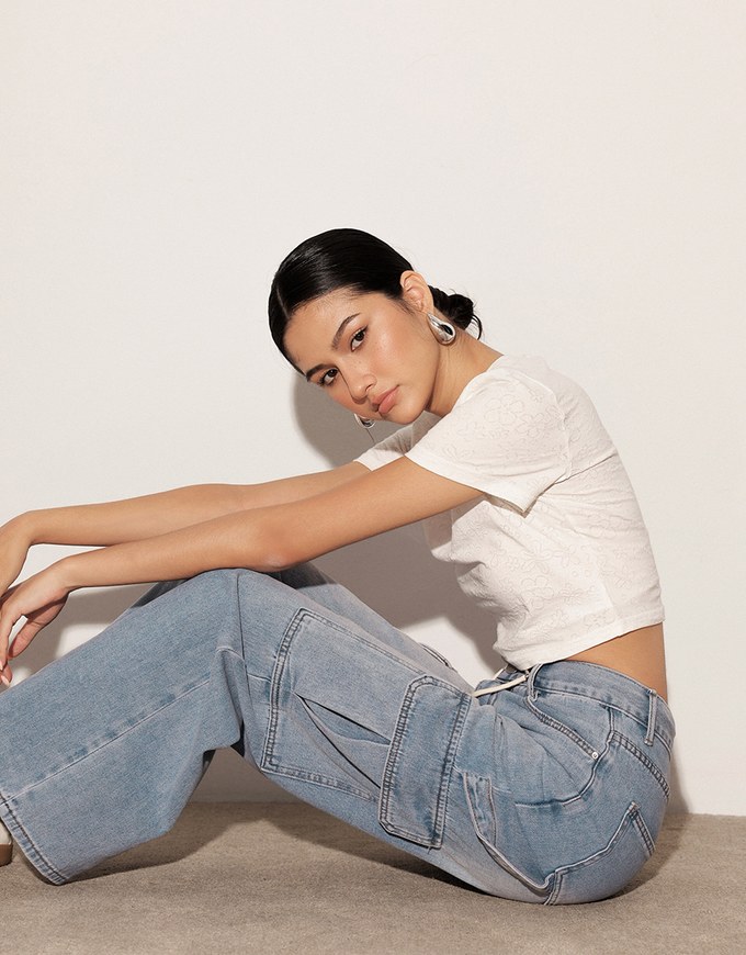 High Waist Washed Cargo Wide Leg Jeans Denim Pants with Drawstring Detail
