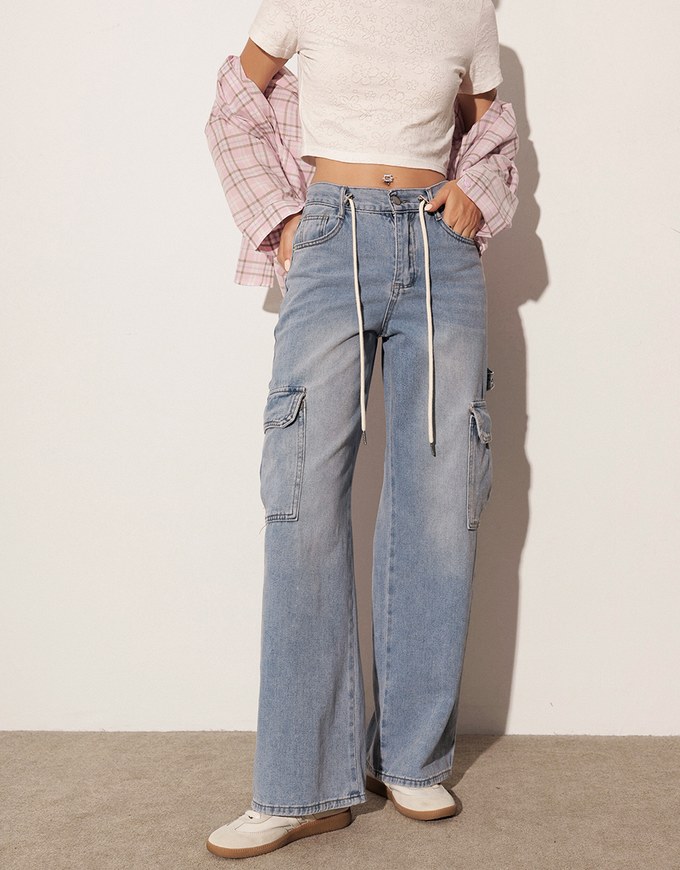 High Waist Washed Cargo Wide Leg Jeans Denim Pants with Drawstring Detail