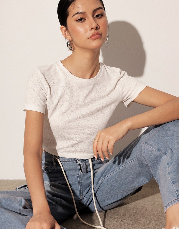 High Waist Washed Cargo Wide Leg Jeans Denim Pants with Drawstring Detail