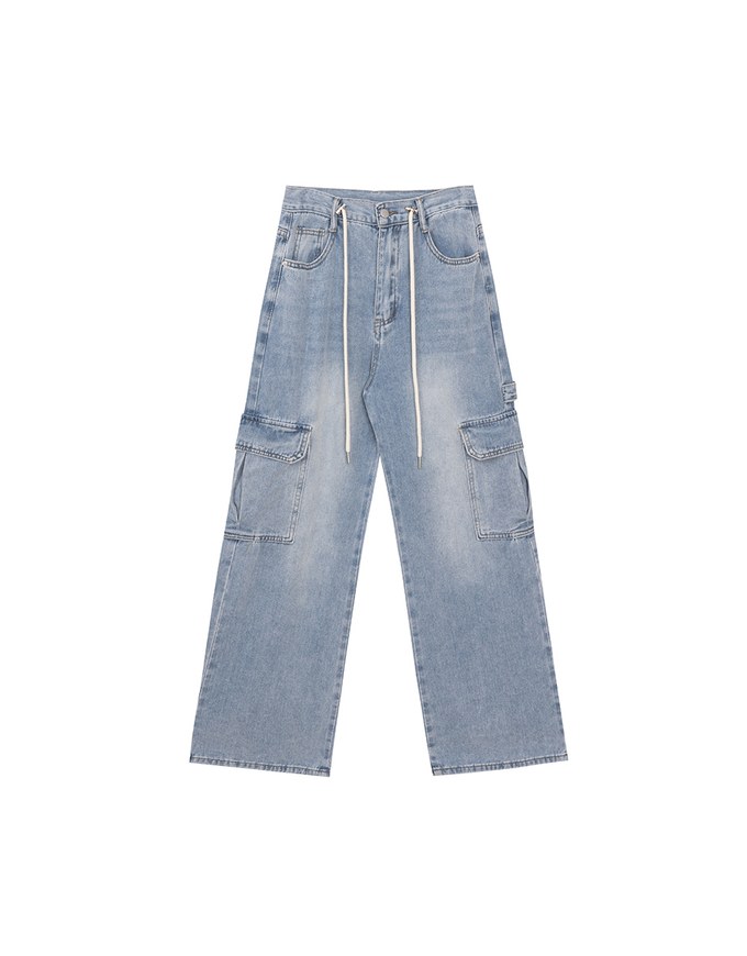 High Waist Washed Cargo Wide Leg Jeans Denim Pants with Drawstring Detail