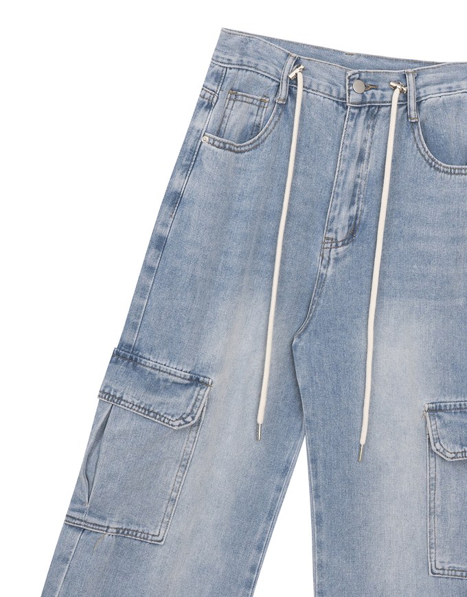 High Waist Washed Cargo Wide Leg Jeans Denim Pants with Drawstring Detail