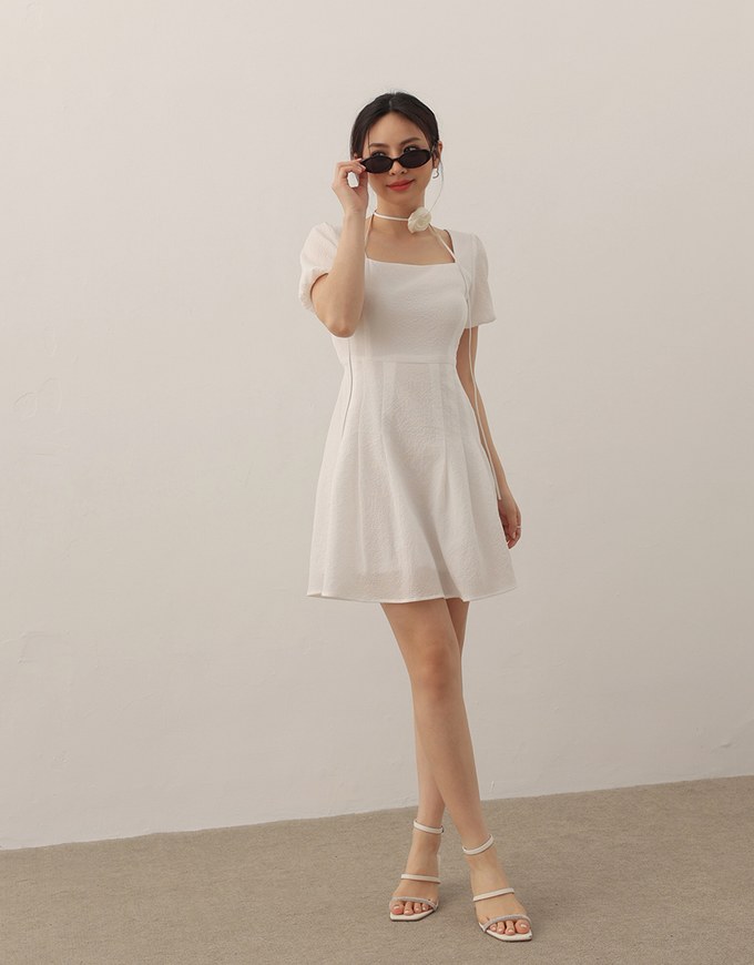 AIRY HOURGLASS Puff Sleeve A Line Mini Dress with Elegant Square Neckline