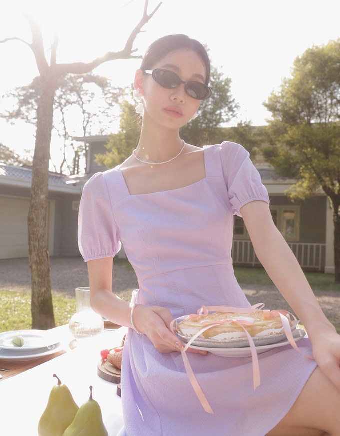 AIRY HOURGLASS Puff Sleeve A Line Mini Dress with Elegant Square Neckline