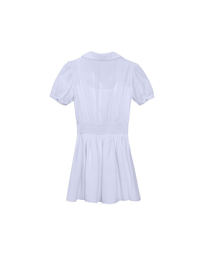 Sheer Chiffon Puff Sleeve Collared Mini Dress with Ruched Waistband Detail