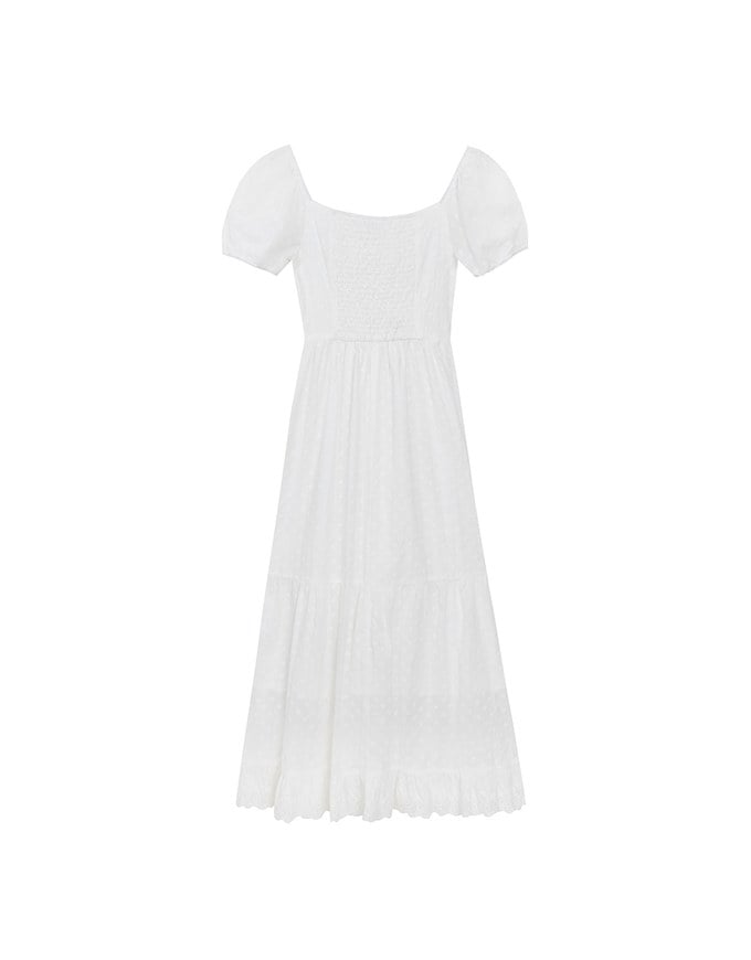 Embroidered Ditsy Floral Maxi Dress with Puff Sleeves and Ruffled Hem