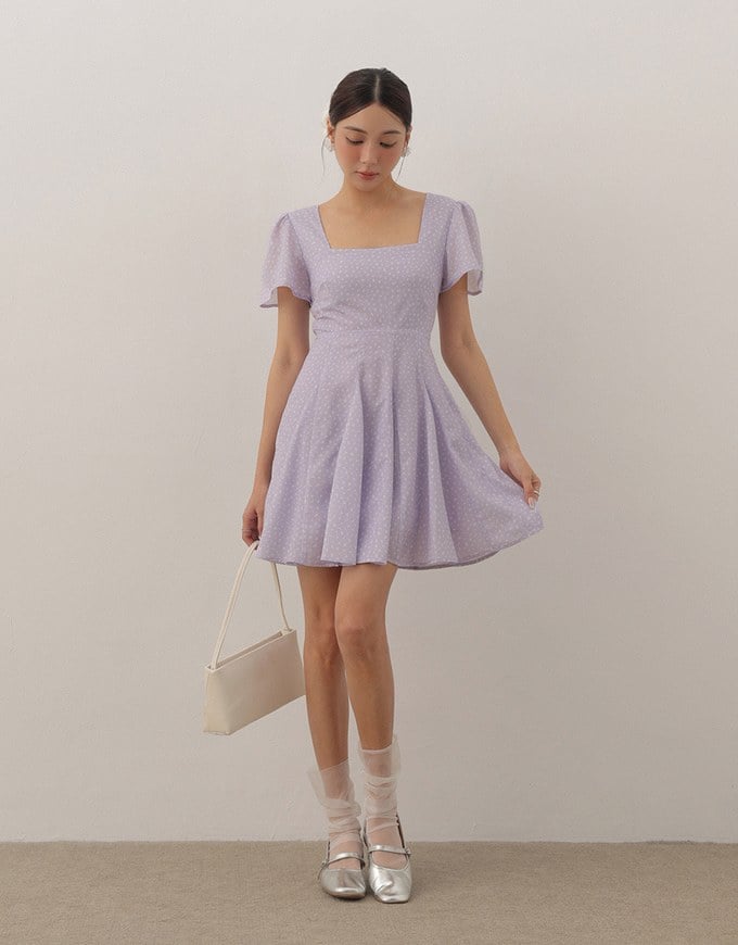 Square Neck Puff Sleeve Ditzy Floral Flare Mini Dress