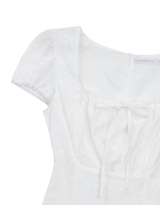 Square Neck Bow Embroidered Puff Sleeve Mini Dress