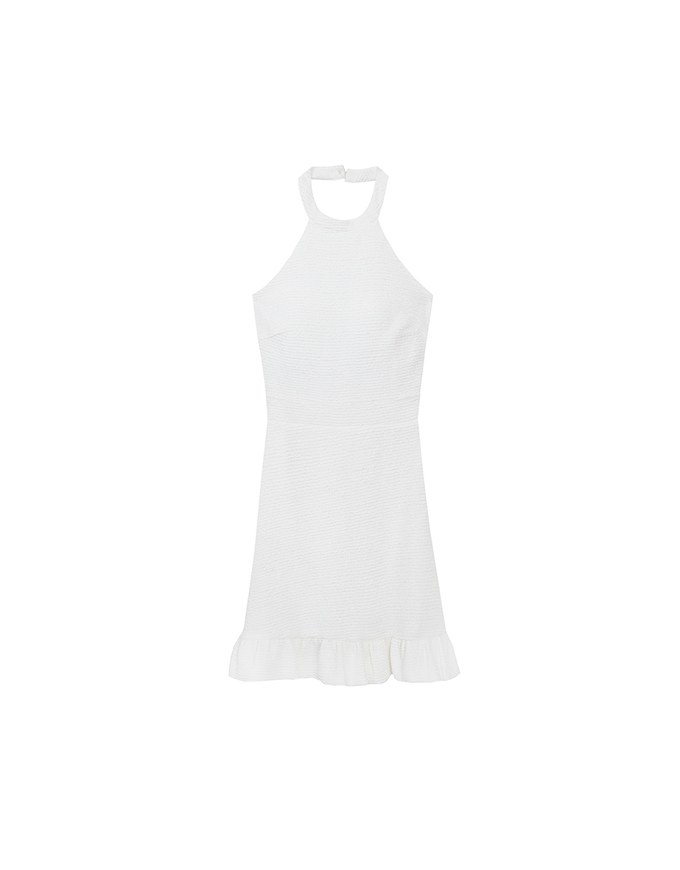 Textured Sleeveless Halter Padded Mini Dress with Ruffled Hem