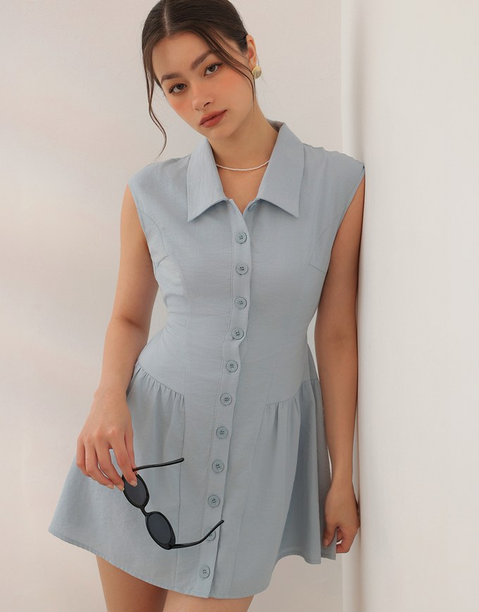 Collared Sleeveless Button Front Mini Shirt Dress