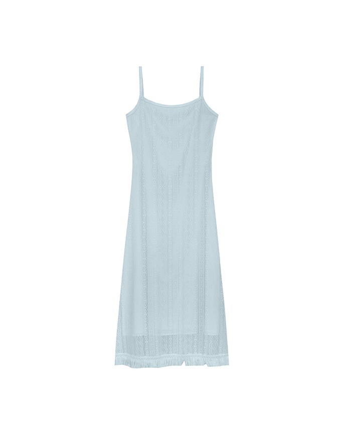 Cut Out Lace Knit Spaghetti Strap Cami Maxi Dress with Tassel Hem