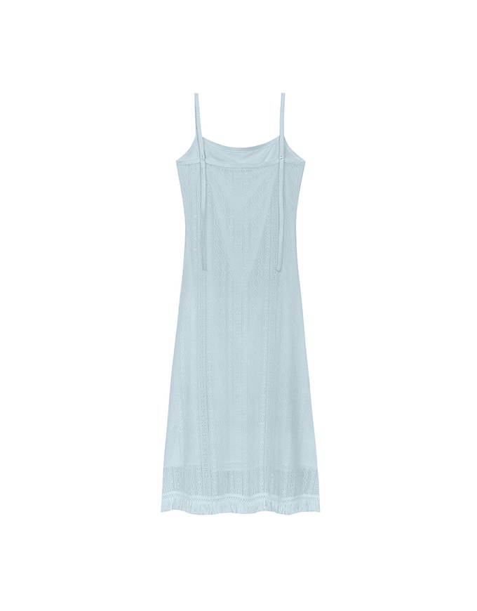 Cut Out Lace Knit Spaghetti Strap Cami Maxi Dress with Tassel Hem