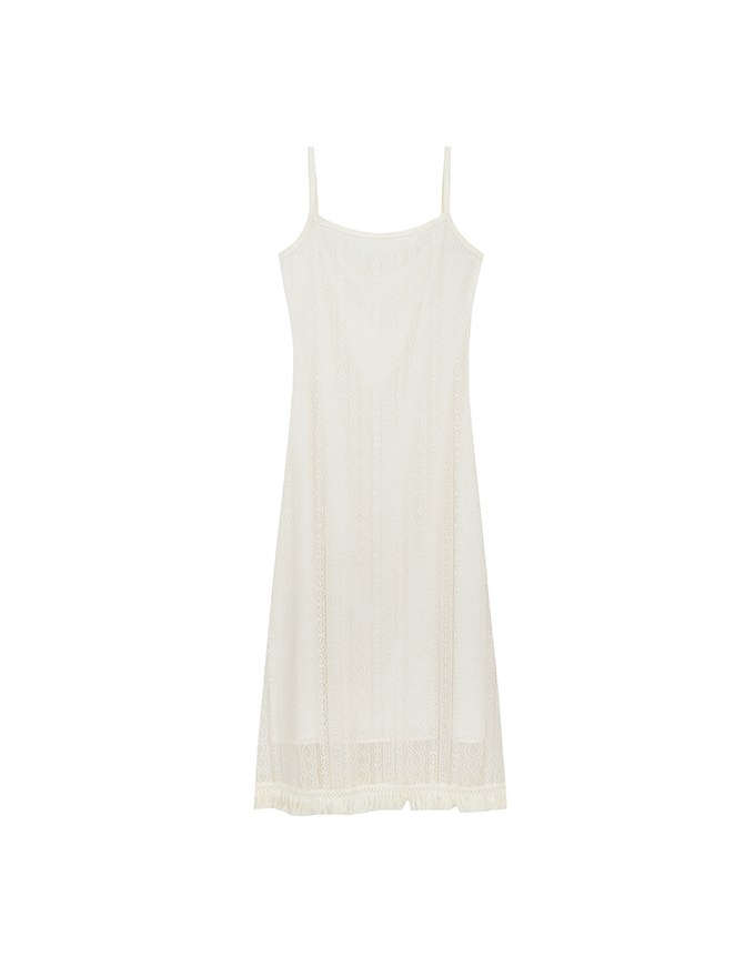 Cut Out Lace Knit Spaghetti Strap Cami Maxi Dress with Tassel Hem