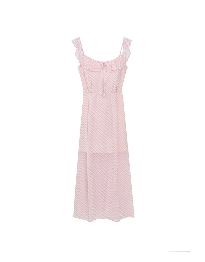 Sheer Ruffle Gingham Sleeveless Padded Maxi Dress