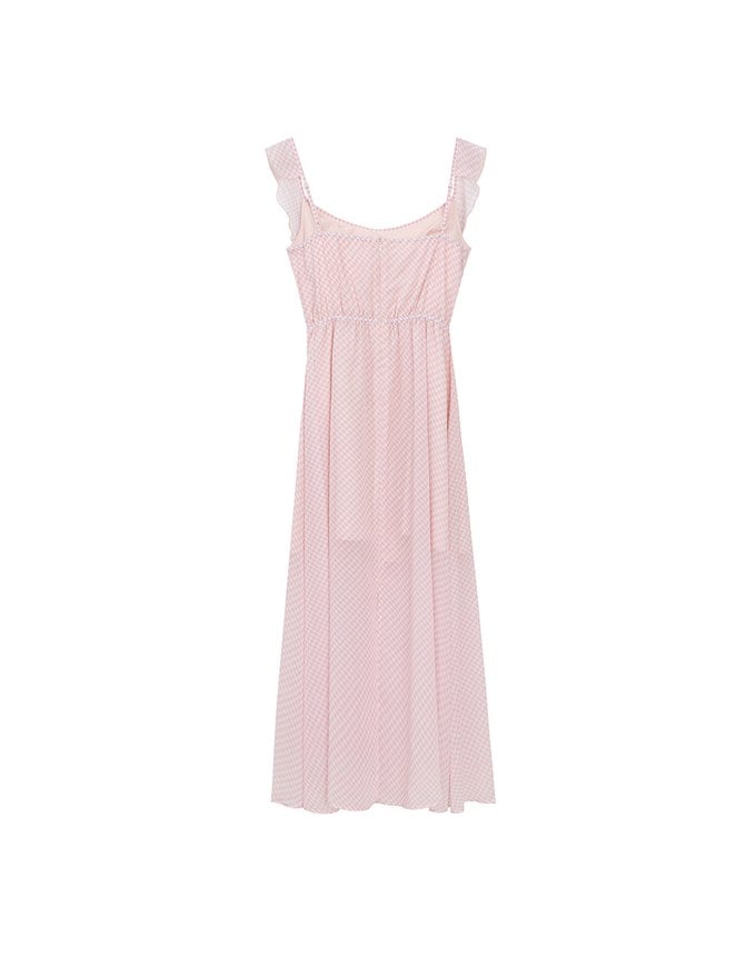 Sheer Ruffle Gingham Sleeveless Padded Maxi Dress