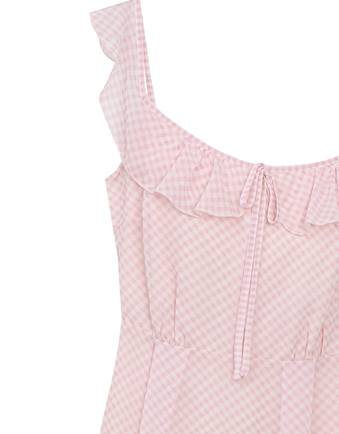 Sheer Ruffle Gingham Sleeveless Padded Maxi Dress