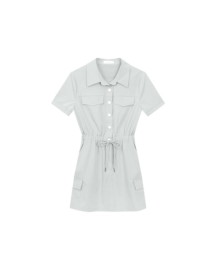 Button Front Cap Sleeve Shirt Mini Dress with Drawstring Waist Detail
