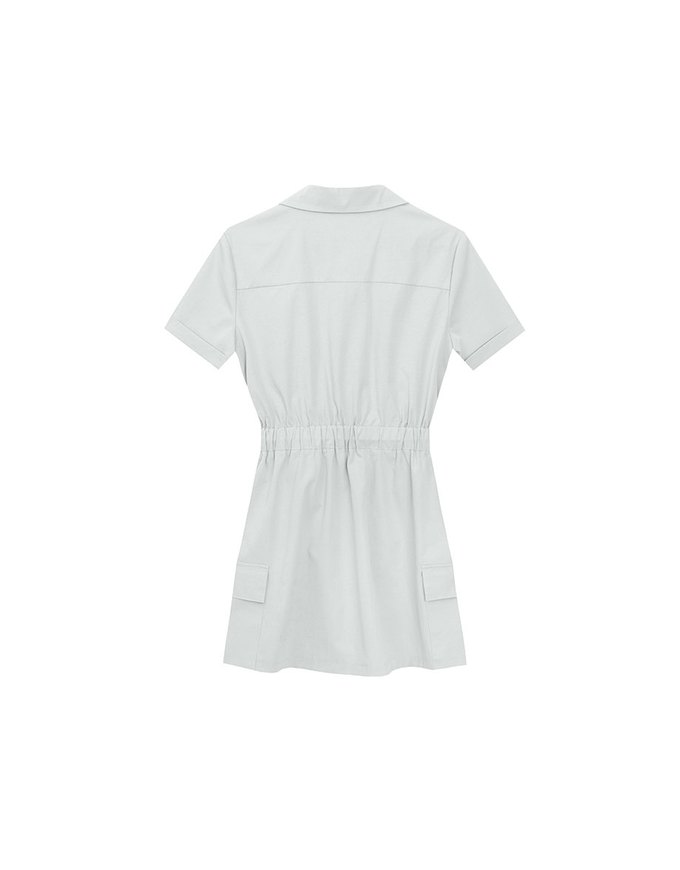 Button Front Cap Sleeve Shirt Mini Dress with Drawstring Waist Detail