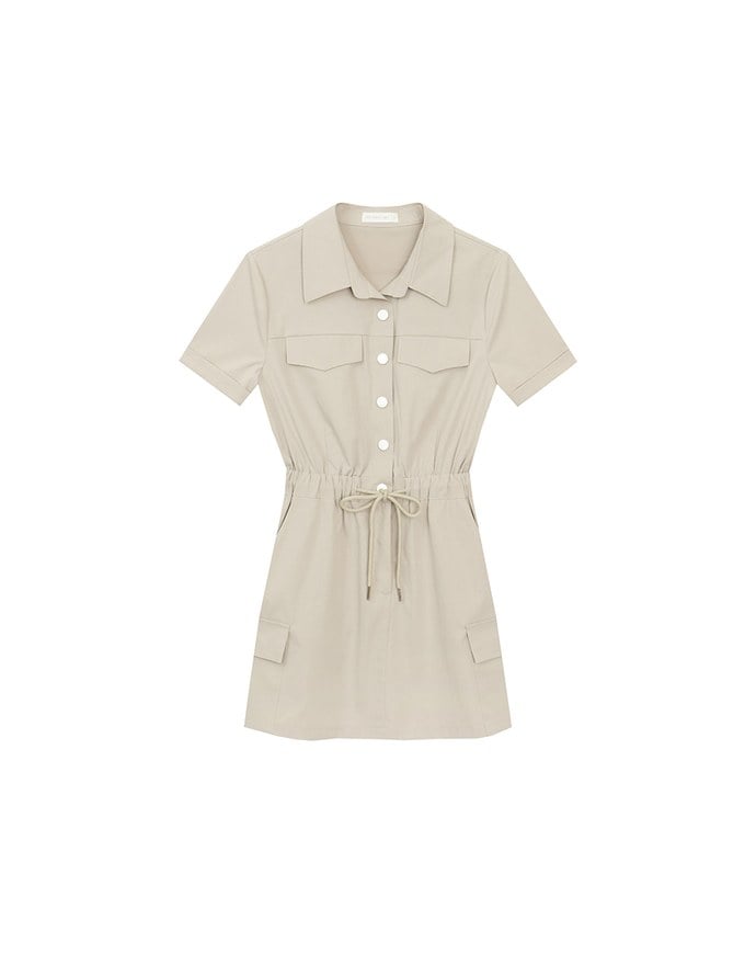 Button Front Cap Sleeve Shirt Mini Dress with Drawstring Waist Detail