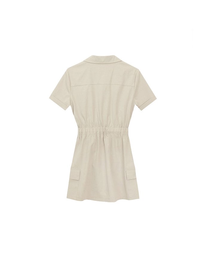 Button Front Cap Sleeve Shirt Mini Dress with Drawstring Waist Detail