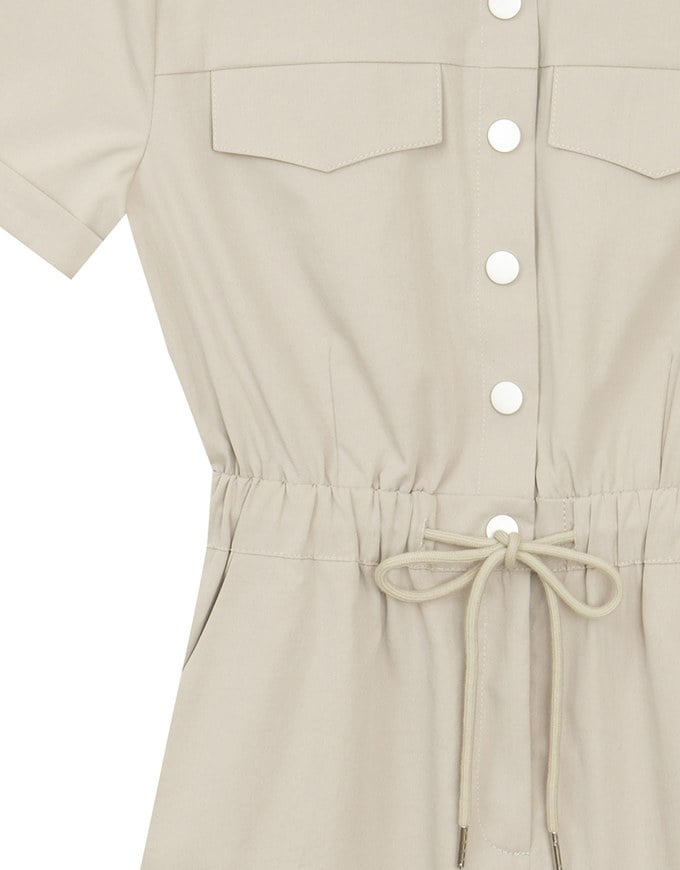 Button Front Cap Sleeve Shirt Mini Dress with Drawstring Waist Detail
