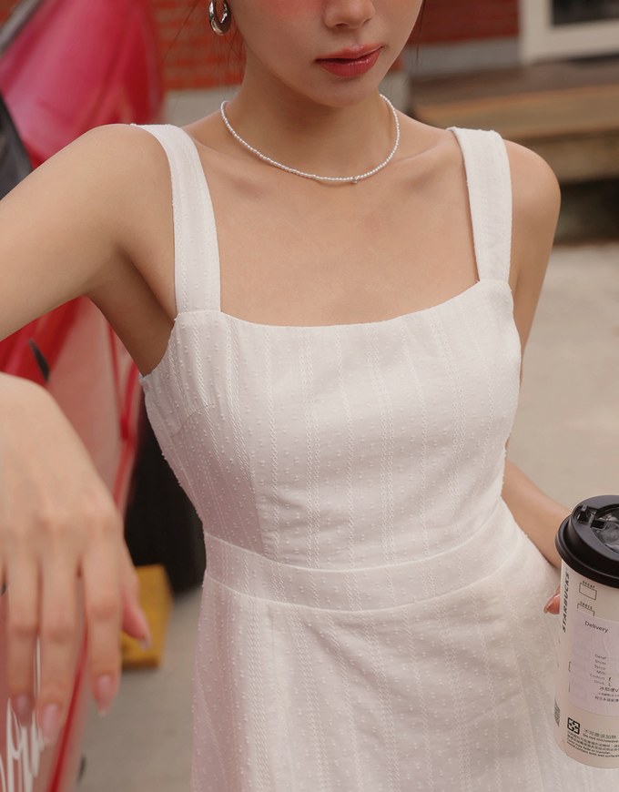 Textured Dot Jacquard Flared Maxi Dress with Slit Detail