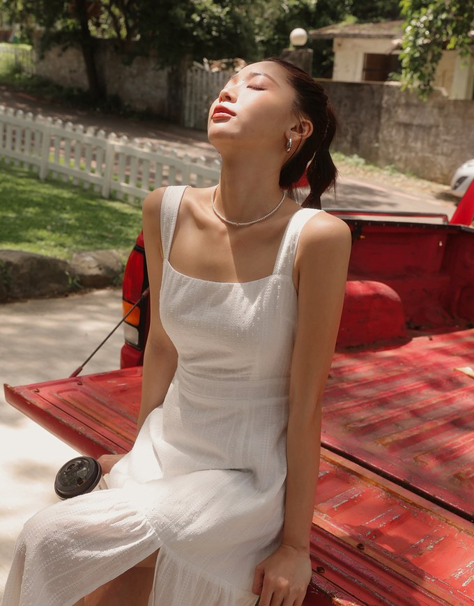 Textured Dot Jacquard Flared Maxi Dress with Slit Detail