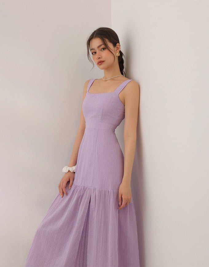 Textured Dot Jacquard Flared Maxi Dress with Slit Detail