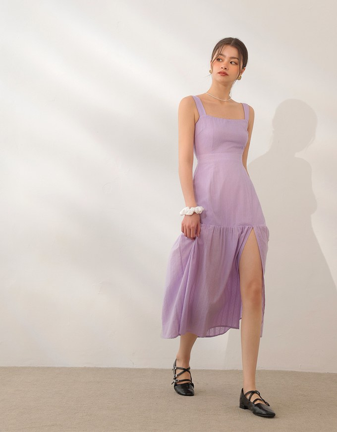Textured Dot Jacquard Flared Maxi Dress with Slit Detail