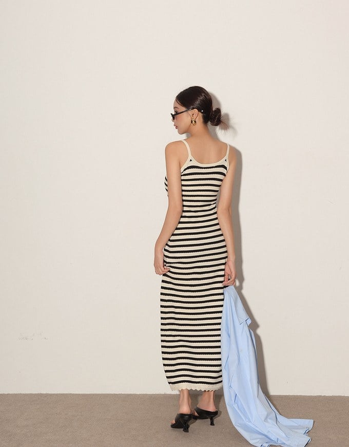 Contrast Trim V Neck Striped Knit Cami Fitted Maxi Dress