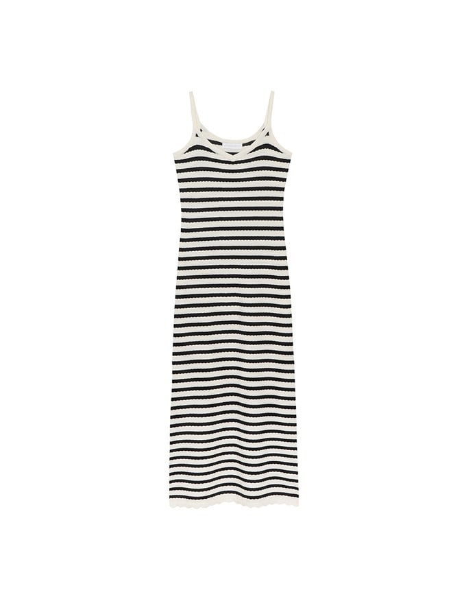 Contrast Trim V Neck Striped Knit Cami Fitted Maxi Dress