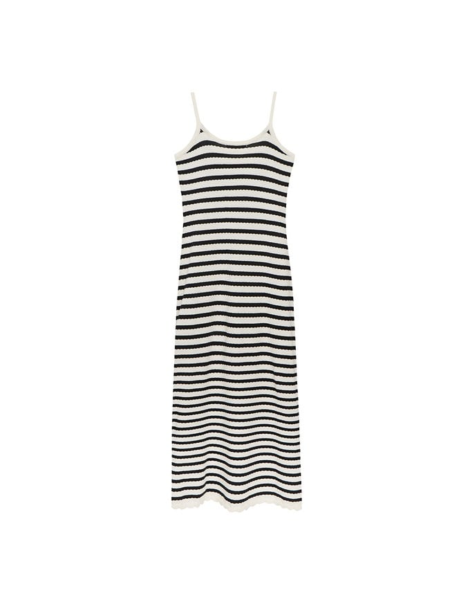 Contrast Trim V Neck Striped Knit Cami Fitted Maxi Dress