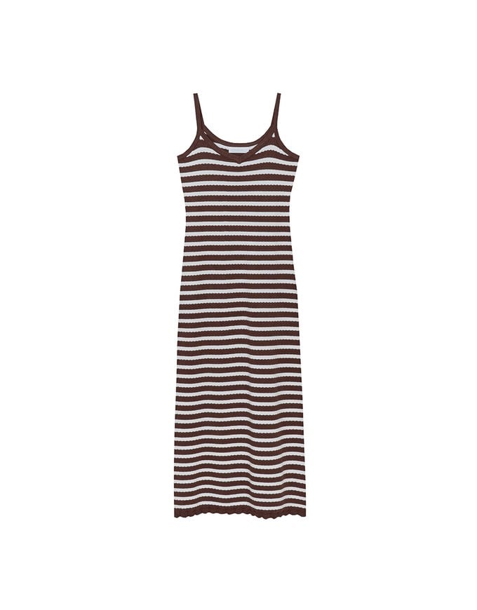 Contrast Trim V Neck Striped Knit Cami Fitted Maxi Dress