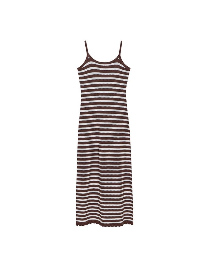 Contrast Trim V Neck Striped Knit Cami Fitted Maxi Dress