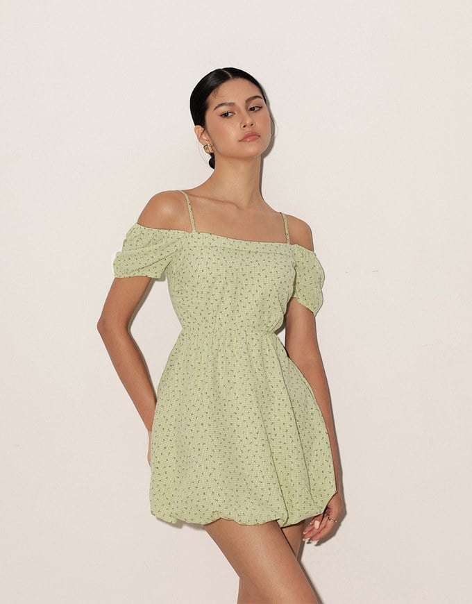 Gingham Floral Off Shoulder Puff Mini Dress