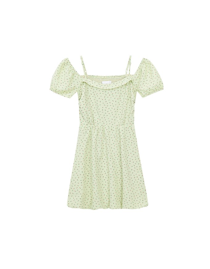 Gingham Floral Off Shoulder Puff Mini Dress