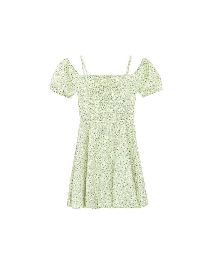 Gingham Floral Off Shoulder Puff Mini Dress