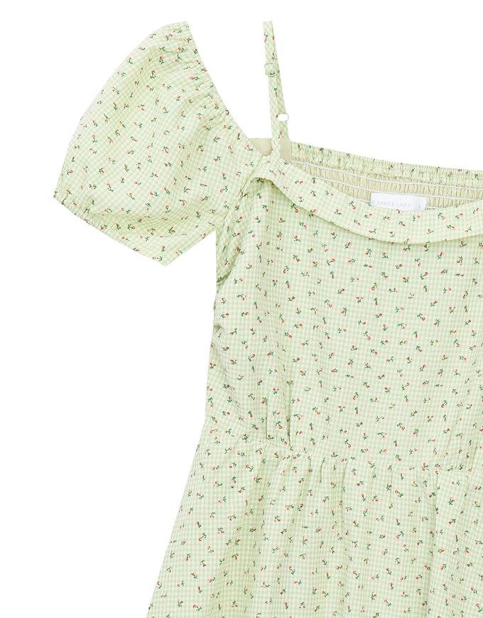 Gingham Floral Off Shoulder Puff Mini Dress