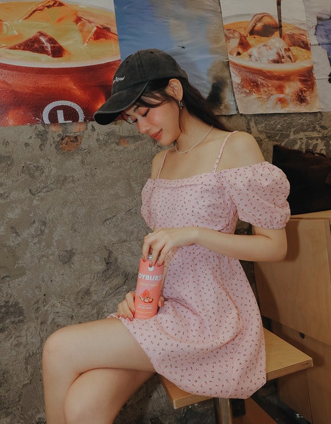 Gingham Floral Off Shoulder Puff Mini Dress
