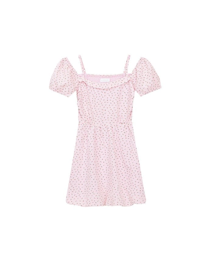 Gingham Floral Off Shoulder Puff Mini Dress