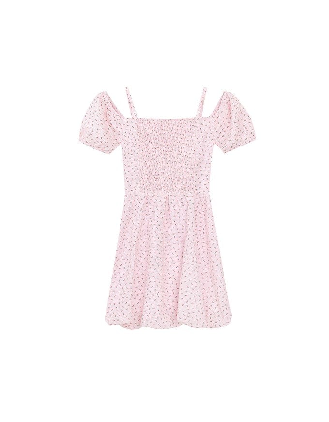 Gingham Floral Off Shoulder Puff Mini Dress
