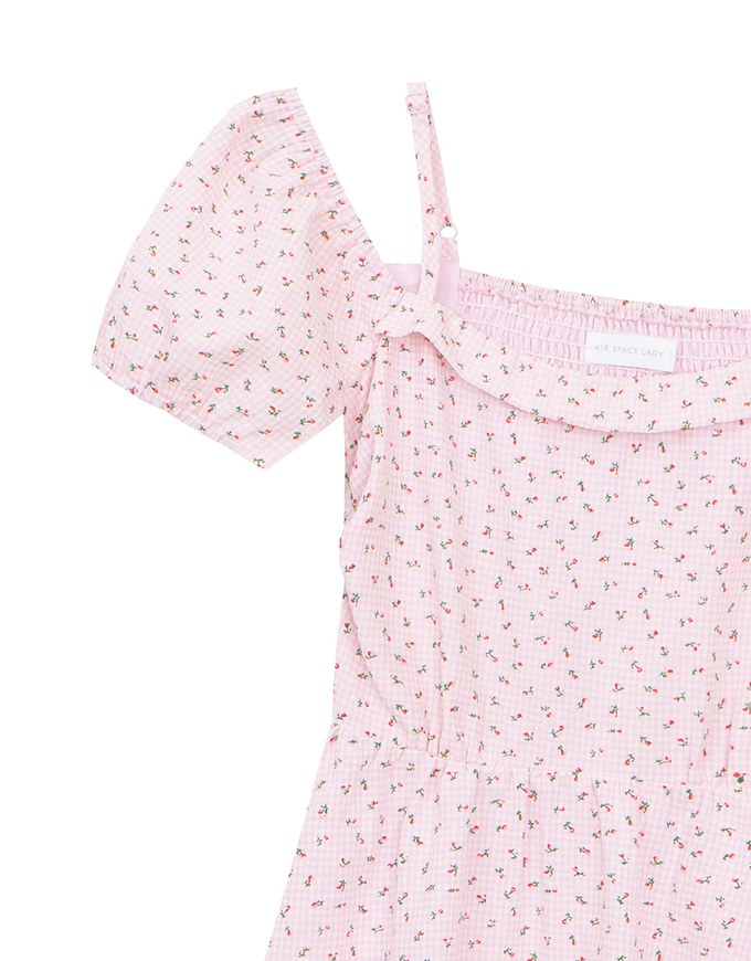 Gingham Floral Off Shoulder Puff Mini Dress