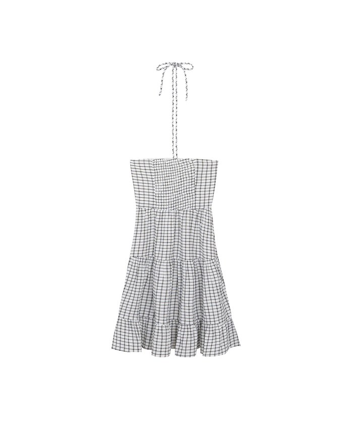 2 Way Halter Tie Gingham Padded Mini Dress with Ruffle Trim