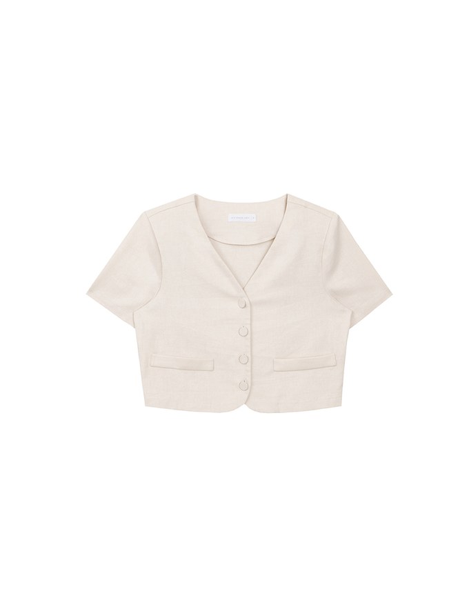 Minimalist Linen Blend Short Sleeve Jacket with Shoulder Pads