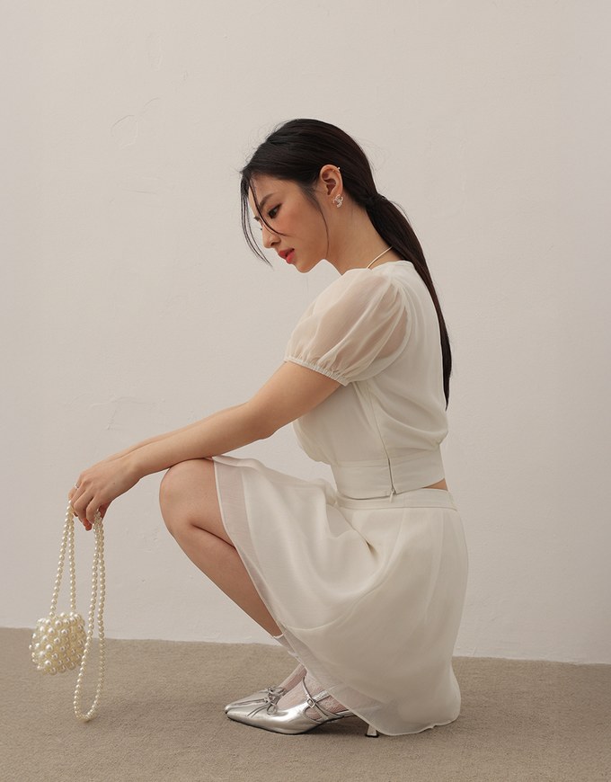 Sheer Puff Sleeve Chiffon Top with High Waist Pleated Mini Skirt Set Wear