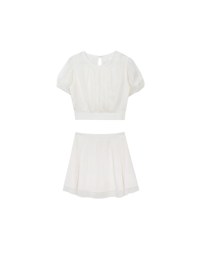 Sheer Puff Sleeve Chiffon Top with High Waist Pleated Mini Skirt Set Wear