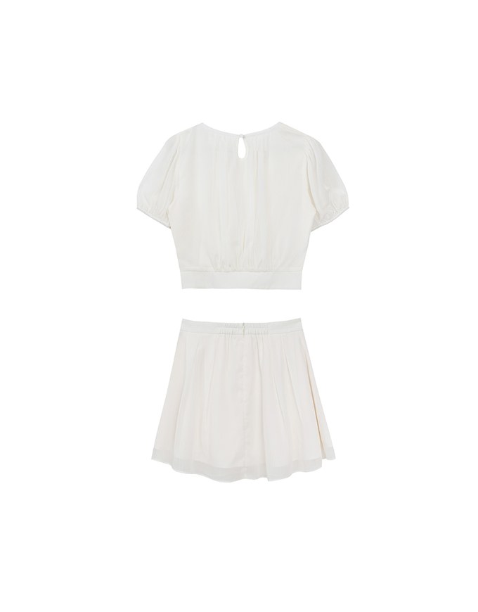 Sheer Puff Sleeve Chiffon Top with High Waist Pleated Mini Skirt Set Wear