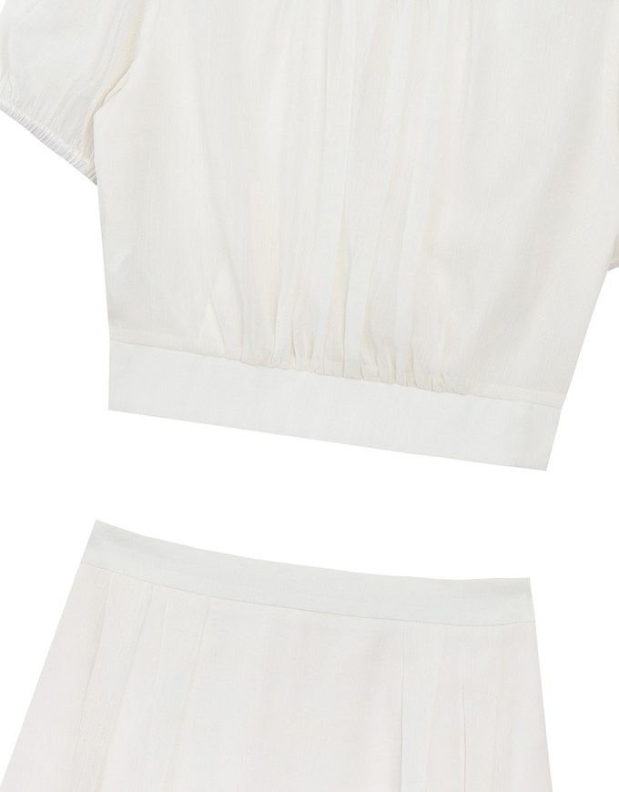 Sheer Puff Sleeve Chiffon Top with High Waist Pleated Mini Skirt Set Wear